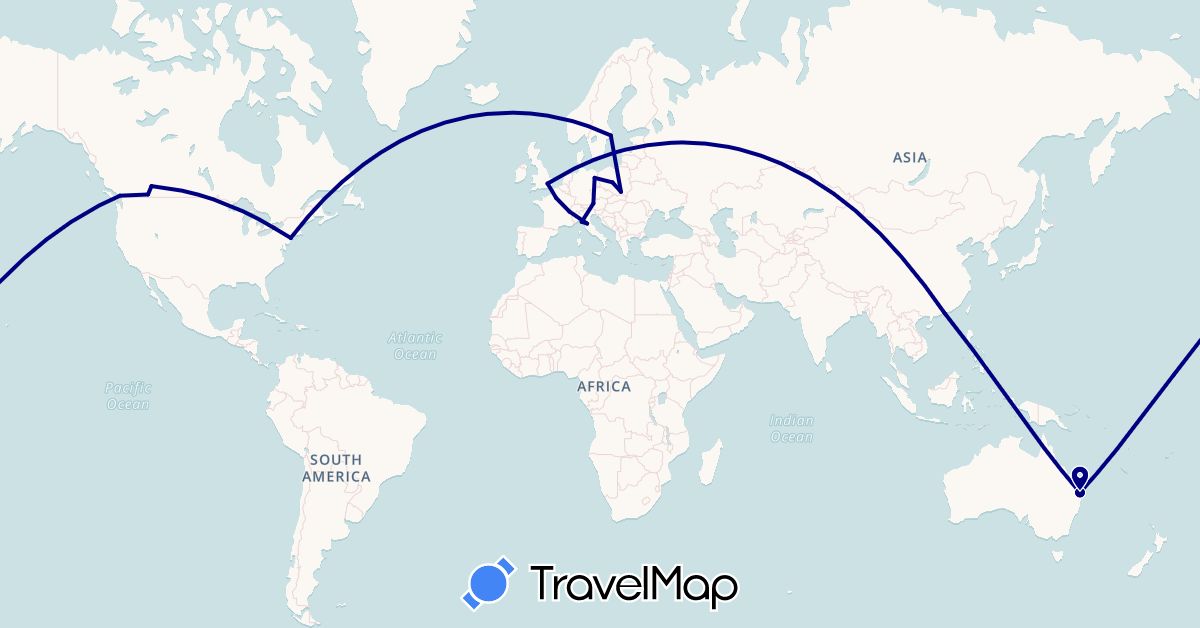 TravelMap itinerary: driving in Austria, Australia, Canada, Switzerland, Germany, France, United Kingdom, Hong Kong, Italy, Poland, Sweden, United States (Asia, Europe, North America, Oceania)